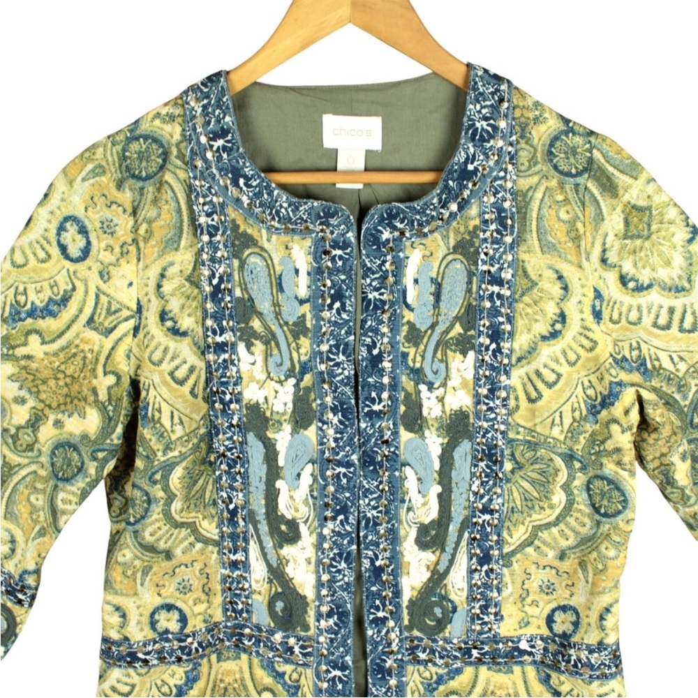 Chico's Women blazer Jacket embellished tan blue open lined Size 0 Beaded Boho - Picture 4 of 11